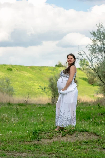 Donna Incinta Abito Bianco Che Riposa Prato Estate — Foto Stock