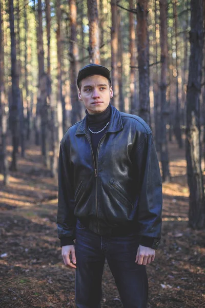 Young Man Criminal Appearance Black Leather Jacket Posing Autumn Forest — Stock Photo, Image