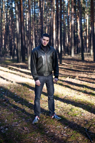 Young Man Criminal Appearance Black Leather Jacket Posing Autumn Forest — Stock Photo, Image