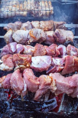 Metal şişleri (ızgara) yemek ızgara kebap. Dumanlı Barbekü, kavrulmuş et pişirilir. Barbekü taze domuz eti et chop dilimleri kadar kapatın. Geleneksel Doğu çanak, şiş kebap. Panjur kömür ve alev, piknik, sokak gıda. Tonda, stil, klasik fotoğraf