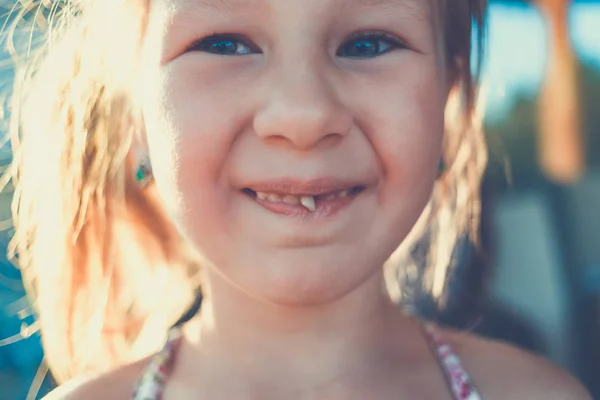 Portrait Little Girl Outstretched Milk Tooth — Stock Photo, Image