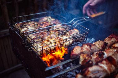 Metal ızgara karede yemek ızgara kebap. Dumanlı Barbekü, kavrulmuş et pişirilir. Barbekü taze tavuk et dilimleri kadar kapatın. Geleneksel Doğu çanak. Panjur kömür ve alev, piknik, sokak gıda. Tonda, stil, klasik fotoğraf.