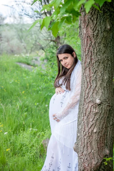 Zwangere Vrouw Witte Jurk Buurt Van Boom Het Bos — Stockfoto