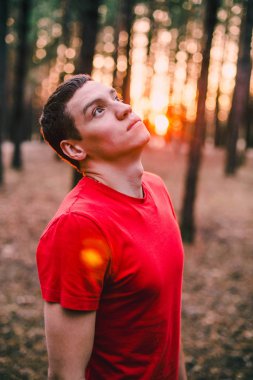 Kırmızı tişört bir çam ormanı içinde genç bir adam.