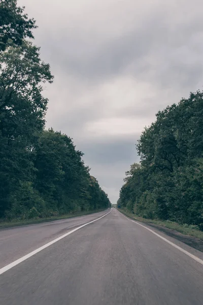 Dark Asfaltové Silnici Lese Výhled Vozu — Stock fotografie