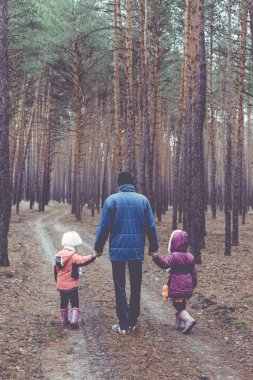 Baba ve iki çocuk bir çam ormanının içinde yol boyunca yürüyüş.