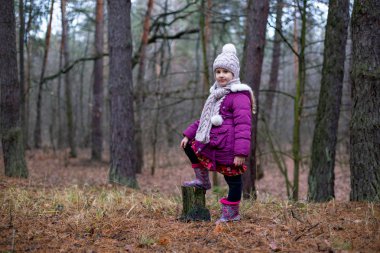 Küçük kız sonbahar ormandaki yaşlı güdük yakınındaki poz