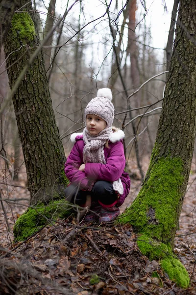 Schattig Meisje Poseren Buurt Van Een Boom Een Herfst Bos — Stockfoto