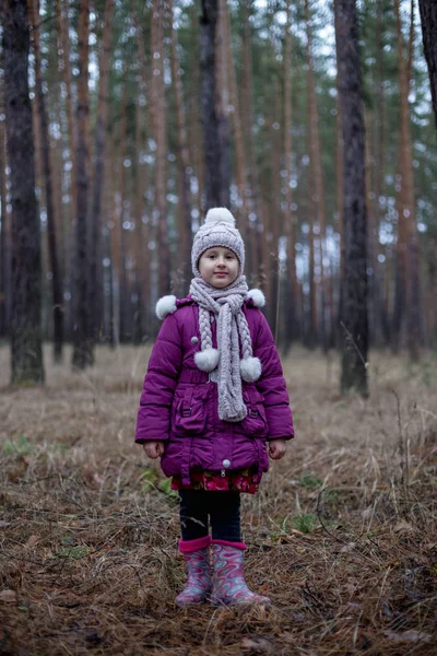 Klein Meisje Het Dennenbos Het Najaar — Stockfoto