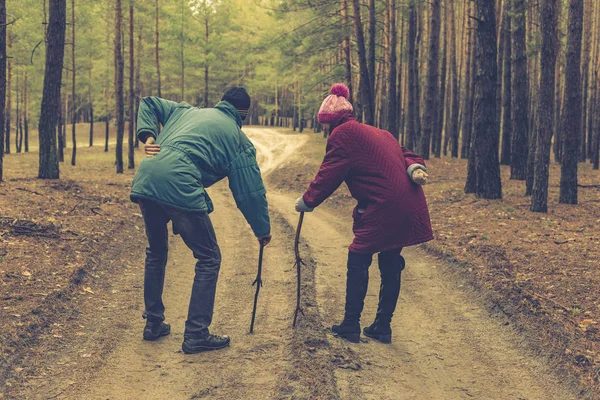 An elderly man and an elderly woman walking along a road in a pine forest.