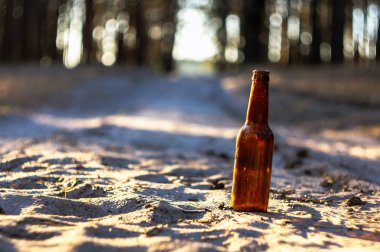 Kahverengi bira şişesi bir çam ormanı içinde kumlu bir yolda. Çevre kirliliği. Doğa imha.