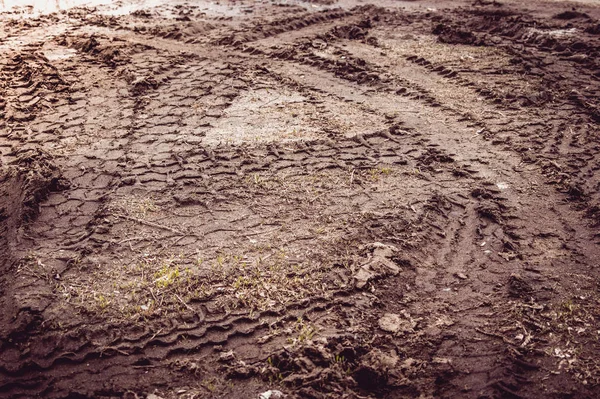 泥泞道路上的轮胎痕迹 — 图库照片