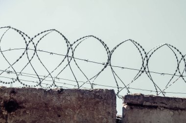 Gökyüzü arka plan üzerinde dikenli tel çit.