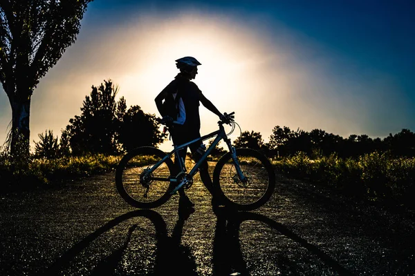 Silhouette Girl Bicycle Sunset Summer — Stock Photo, Image