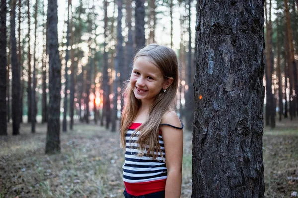 Vacker Liten Flicka Tallskogen Sommar — Stockfoto