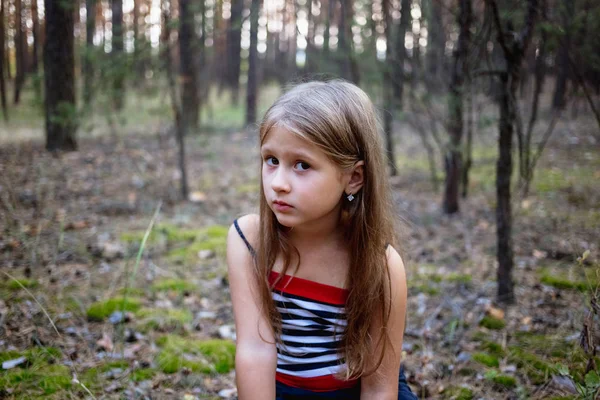 Vacker Liten Flicka Tallskogen Sommar — Stockfoto