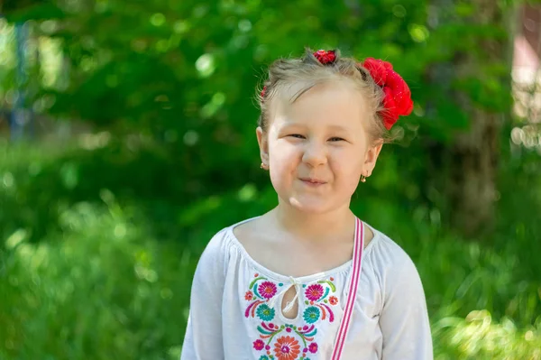 Kırmızı Elbiseli Küçük Ukraynalı Kız Çocuk — Stok fotoğraf