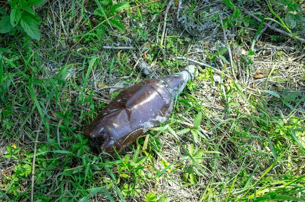 草の中の汚れたプラスチック ボトル 環境汚染 — ストック写真