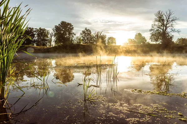 Beautiful morning landscape on a river with mist over the water.