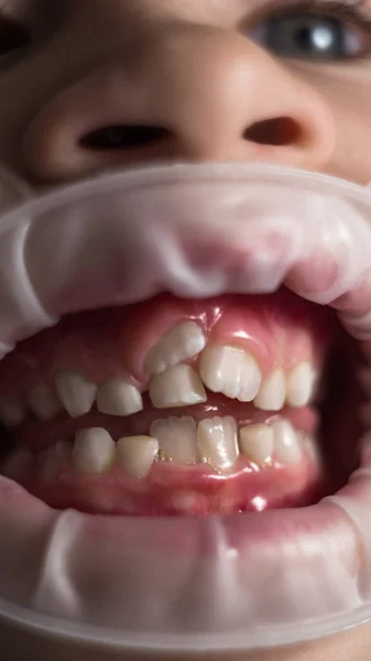 Взрослые Постоянные Зубы Перед Молочными Зубами Ребенка Зубы Акулы Маленькая — стоковое фото