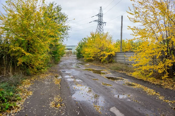 Old Road Pocsolyák Ipari Terület Őszi — Stock Fotó