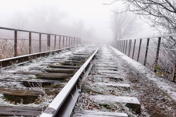 Rails Dans Givre Matin Automne Brumeux — Photo