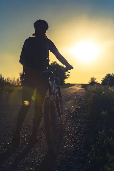 Σιλουέτα Του Ένα Κορίτσι Ένα Ποδήλατο Κατά Ηλιοβασίλεμα Καλοκαίρι — Φωτογραφία Αρχείου