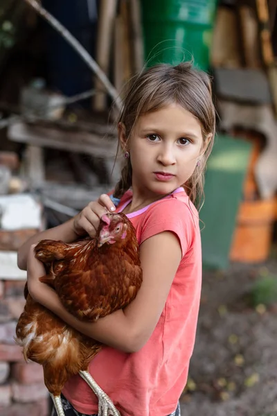 Little rural girl with chicken in her arms.