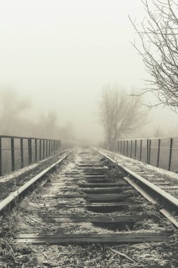 Raylar hoarfrost içinde. Dumanlı sonbahar sabahı.