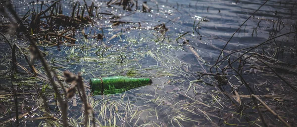 연못에서 녹색 맥주 병입니다. 환경 조사의 개념 — 스톡 사진