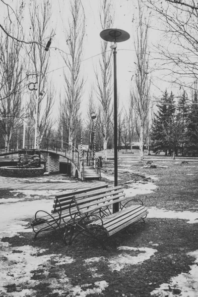 Panchina nel vecchio parco abbandonato. Primavera precoce e terra cov. — Foto Stock