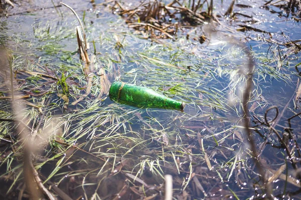 Пляшка зеленого пива в ставку. Концепція екологічного опитування — стокове фото