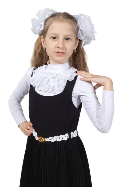 Little cute schoolgirl posing on a white background. — Stock Photo, Image