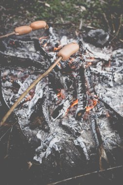 Ormanda bir yangında kızarmış sosis pişirme