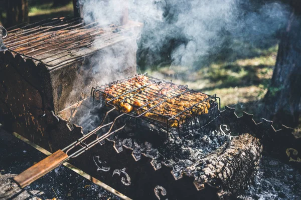 Pollo marinado a la parrilla en una rejilla metálica — Foto de Stock