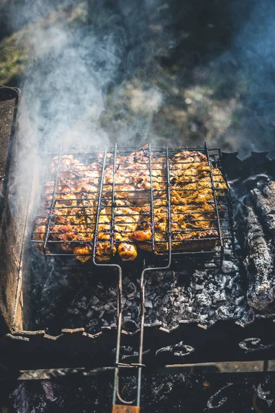 Pollo marinado a la parrilla en una rejilla metálica — Foto de Stock