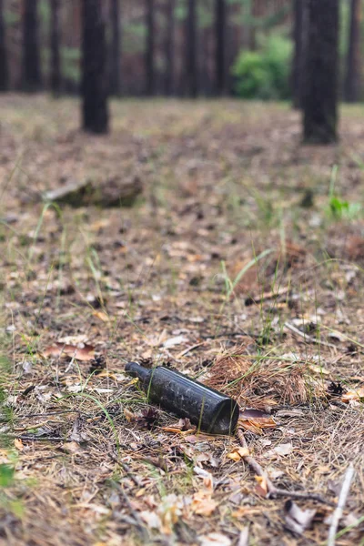 Bruine glazen fles op de grond in een dennenbos. — Stockfoto