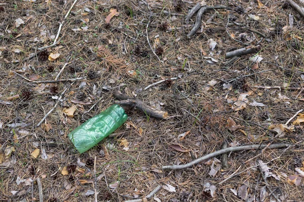 Zelená plastová láhev na zemi v borovicovém lese. — Stock fotografie