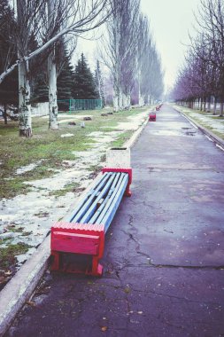 Eski parktaki banklar. Baharın başlangıcı. Kar ve g