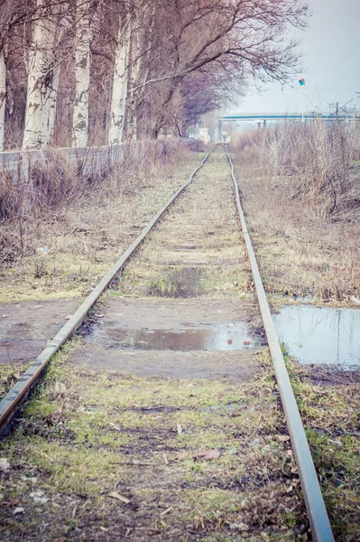 La voie ferrée droite inondée avec traverses en bois — Photo