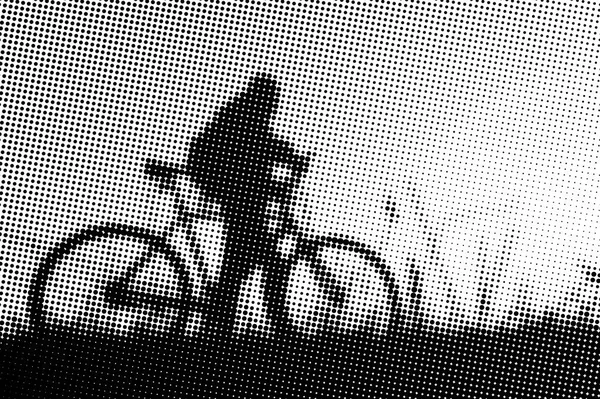Man with bicycle at sunset - monochrome halftone pattern backgro
