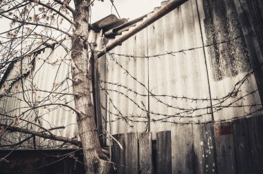 Eski boyalı çit ve paslı dikenli tel
