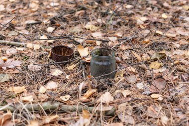 Old rusty tin can and glass jar on the ground in a pine forest. 