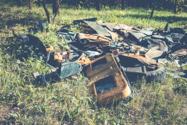 Ormanda çöp Oto parçaları yığını. 