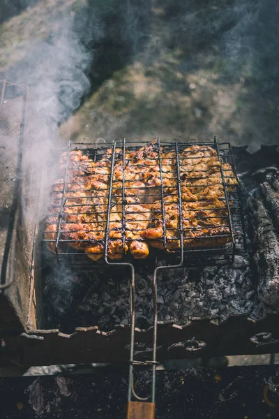 Grillad marinerad kyckling på ett metallgaller — Stockfoto