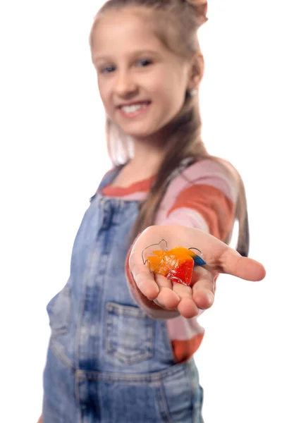 Retrato Menina Com Aparelho Ortodôntico Isolado Fundo Branco — Fotografia de Stock