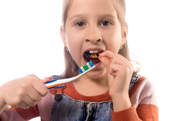 Retrato Uma Menina Fofa Com Escova Dentes Aparelho Ortodôntico Fundo — Fotografia de Stock