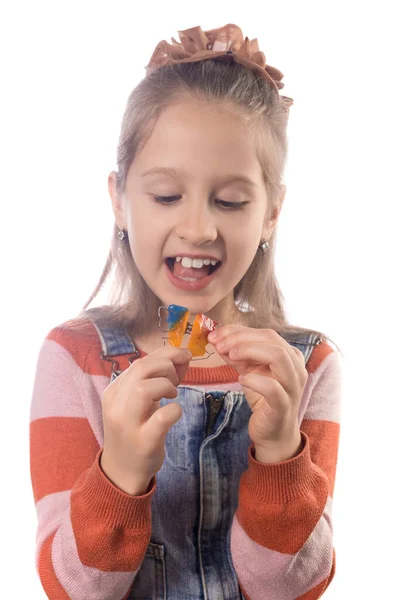 Retrato Niña Con Aparato Ortodoncia Aislado Sobre Fondo Blanco —  Fotos de Stock