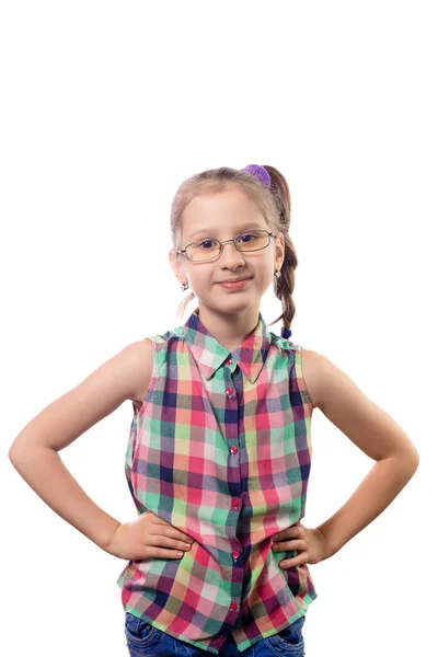 Malá Roztomilá Dívka Brýlích Pózuje Bílém Pozadí Dítě Špatným Zrakem — Stock fotografie