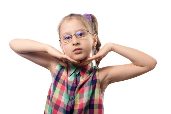 Little Cute Girl Okularach Pozowanie Białym Tle Dziecko Słabym Widzeniem — Zdjęcie stockowe